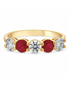 5 Stone Round Lab Grown Diamond & Ruby Ring in 14K Yellow Gold
